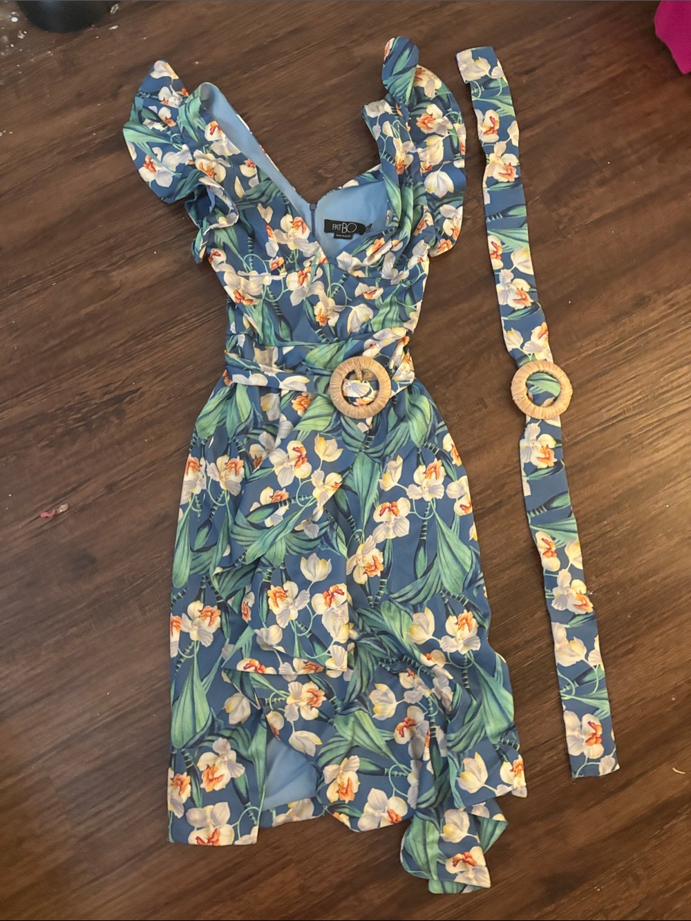 NWT PatBO Blue Orchid Bloom Ruffle Dress with Belt – Size 2 (BR 34)